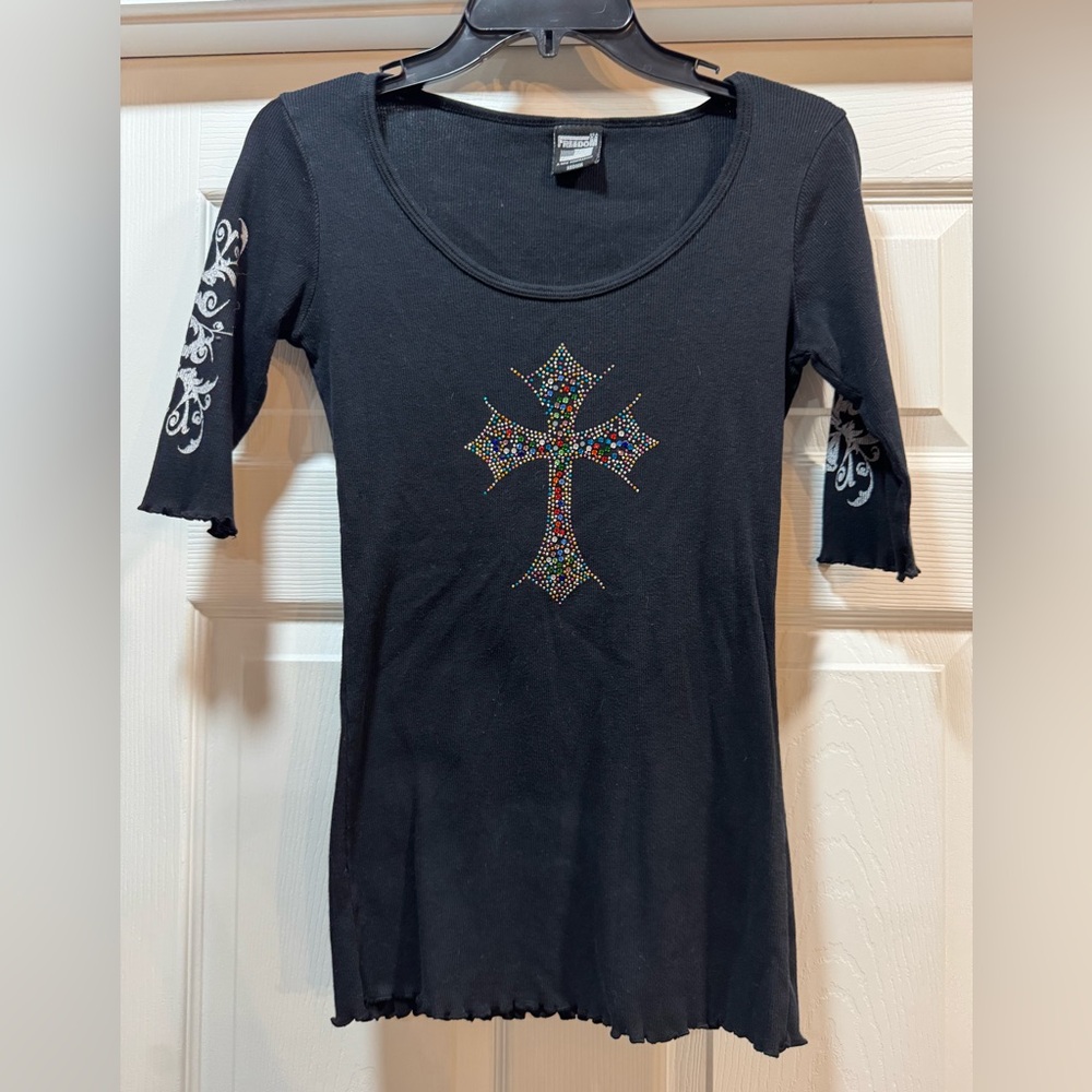 Black Embellished 3/4 Sleeve Fitted Tee